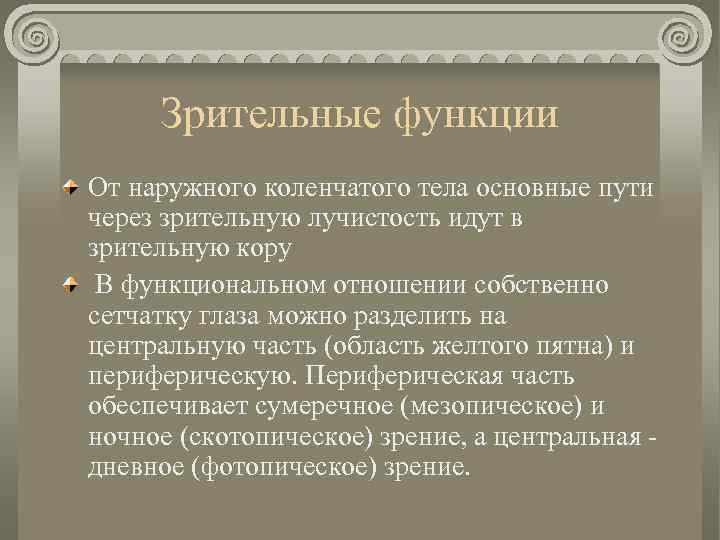 Зрительные функции От наружного коленчатого тела основные пути через зрительную лучистость идут в зрительную