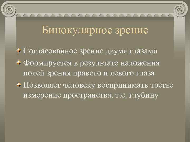 Бинокулярное зрение Согласованное зрение двумя глазами Формируется в результате наложения полей зрения правого и