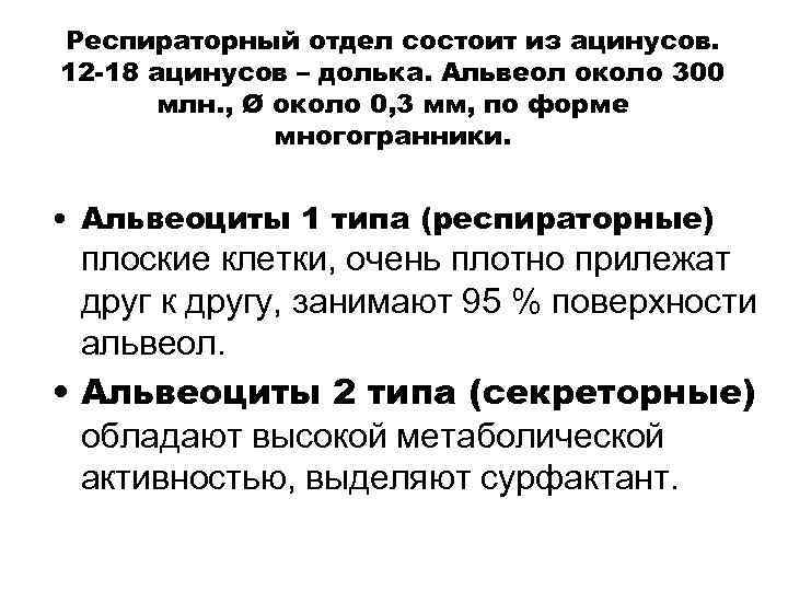 Респираторный отдел состоит из ацинусов. 12 -18 ацинусов – долька. Альвеол около 300 млн.