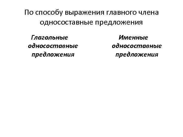 По способу выражения главного члена односоставные предложения Глагольные односоставные предложения Именные односоставные предложения 