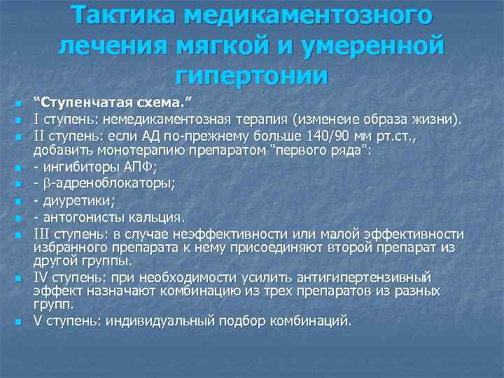 Тактика медикаментозного лечения мягкой и умеренной гипертонии n n n n n “Ступенчатая схема.