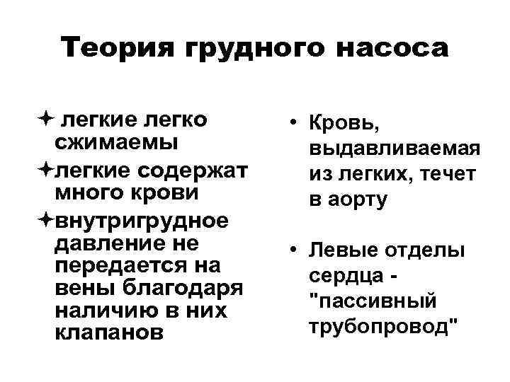 Теория грудного насоса ª легкие легко сжимаемы ªлегкие содержат много крови ªвнутригрудное давление не