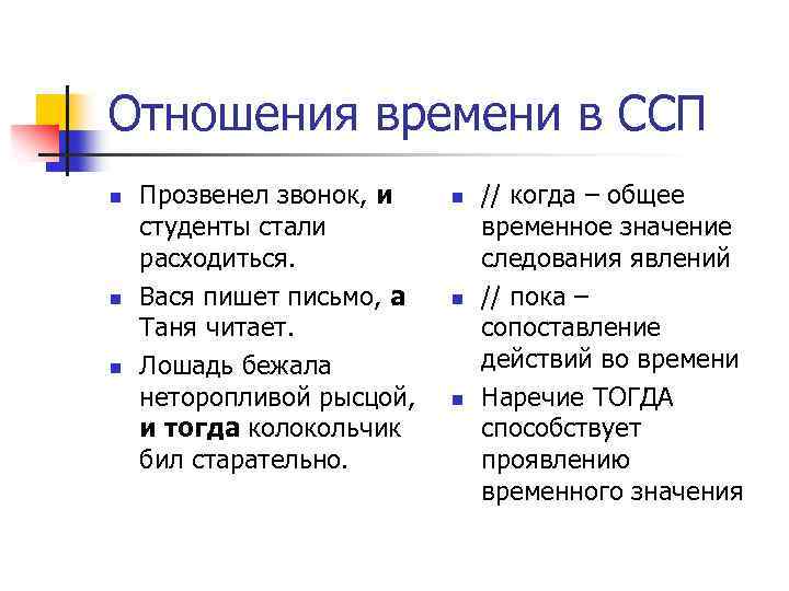 Отношения времени в ССП n n n Прозвенел звонок, и студенты стали расходиться. Вася