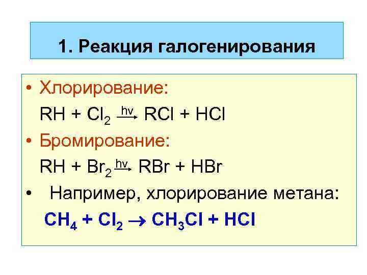 1. Реакция галогенирования • Хлорирование: RH + Cl 2 hv RCl + HCl •