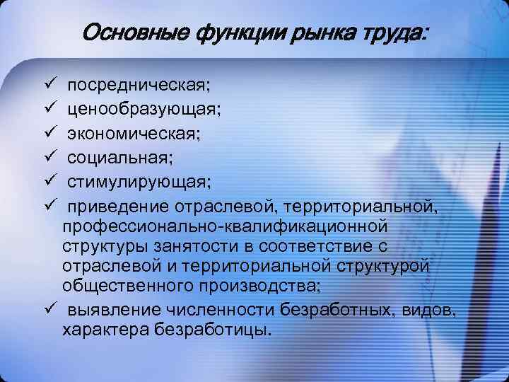 Основные функции рынка труда: посредническая; ценообразующая; экономическая; социальная; стимулирующая; приведение отраслевой, территориальной, профессионально-квалификационной структуры