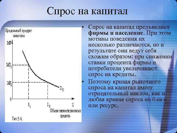 Спрос на капитал • Спрос на капитал предъявляют фирмы и население. При этом мотивы