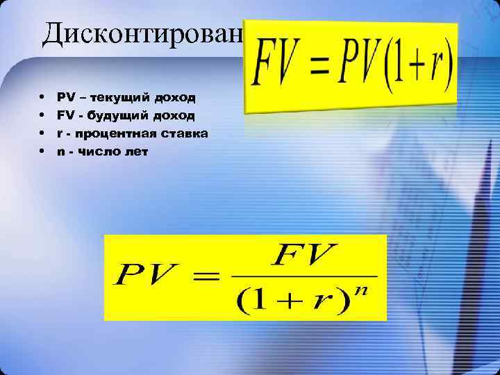 Дисконтирование • • PV – текущий доход FV - будущий доход r - процентная