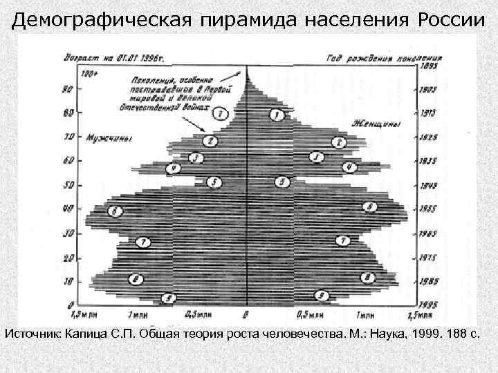 Демографическая пирамида населения России Источник: Капица С. П. Общая теория роста человечества. М. :