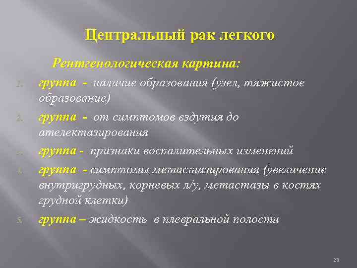 Центральный рак легкого Рентгенологическая картина: 1. 2. 3. 4. 5. группа - наличие образования