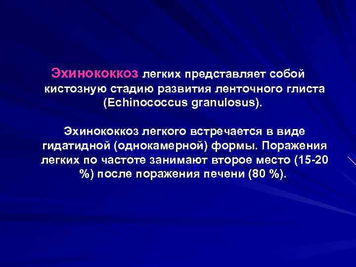 Эхинококкоз легких представляет собой кистозную стадию развития ленточного глиста (Echinococcus granulosus). Эхинококкоз легкого встречается