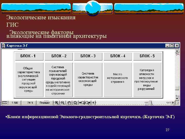 Экологические изыскания ГИС Экологические факторы влияющие на памятники архитектуры • Блоки информационной Эколого-градостроительной карточки.