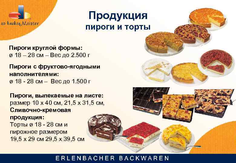 Продукция пироги и торты Пироги круглой формы: ø 18 – 28 см – Вес