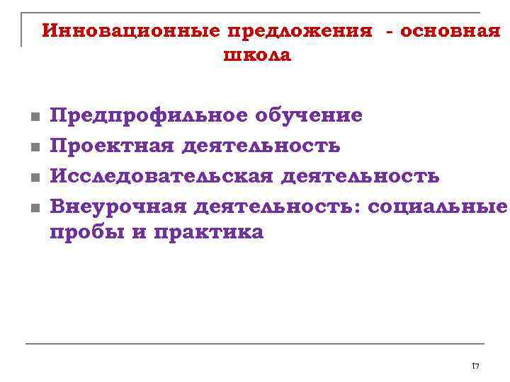 Инновационные предложения - основная школа n n Предпрофильное обучение Проектная деятельность Исследовательская деятельность Внеурочная
