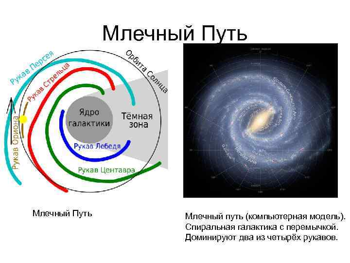 Рассмотрите схему строения нашей спиральной галактики виды плашмя и с ребра цифра 1 ядро галактики