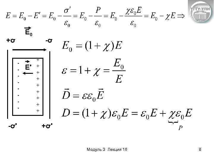 E 0 +σ - -σ' E' -σ + + + + +σ' Модуль 3