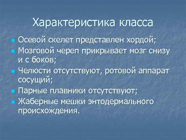 Характеристика класса n n n Осевой скелет представлен хордой; Мозговой череп прикрывает мозг снизу