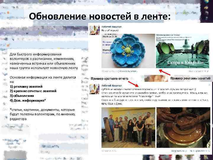 Обновление новостей в ленте: Для быстрого информирования волонтеров о расписании, изменениях, назначенных встречах или