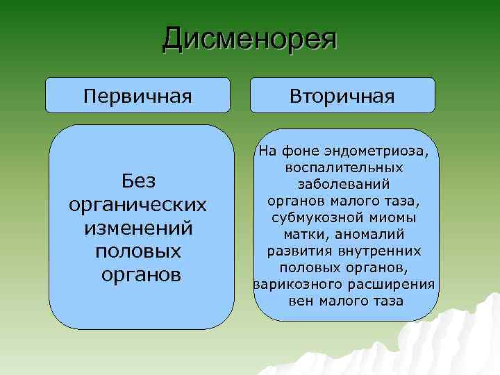 Дисменорея Первичная Вторичная Без органических изменений половых органов На фоне эндометриоза, воспалительных заболеваний органов