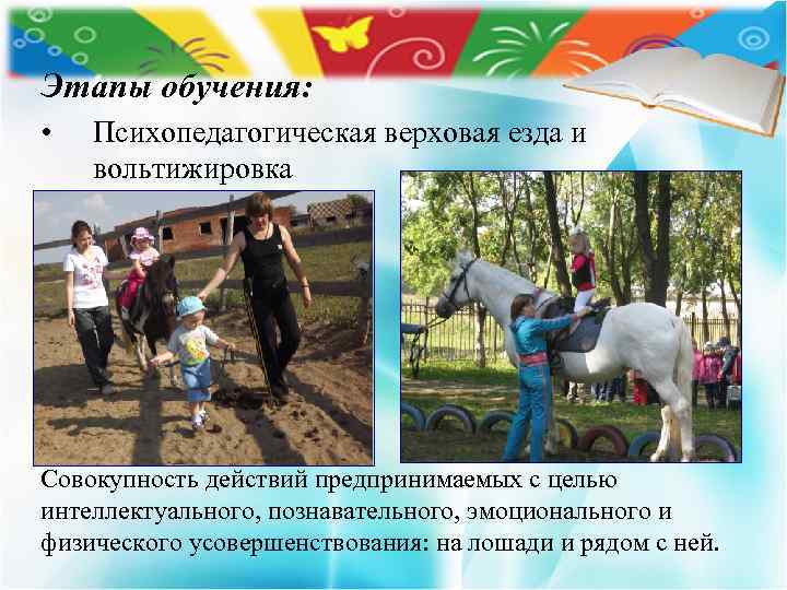 Этапы обучения: • Психопедагогическая верховая езда и вольтижировка Совокупность действий предпринимаемых с целью интеллектуального,