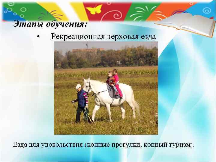 Этапы обучения: • Рекреационная верховая езда Езда для удовольствия (конные прогулки, конный туризм). 