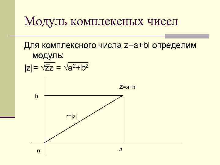 Модуль комплексных чисел Для комплексного числа z=a+bi определим модуль: |z|= √zz = √a 2+b