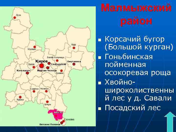 Малмыжский район n n Корсачий бугор (Большой курган) Гоньбинская пойменная осокоревая роща Хвойношироколиственны й