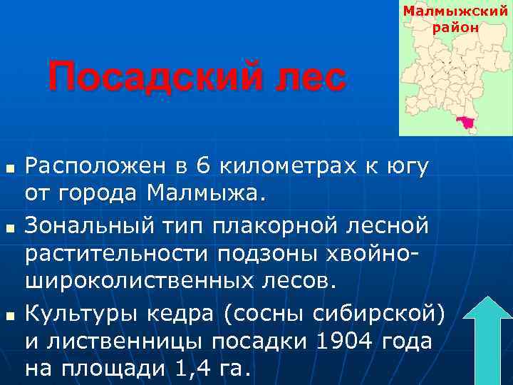 Малмыжский район Посадский лес n n n Расположен в 6 километрах к югу от