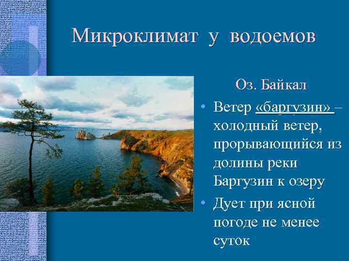 Микроклимат у водоемов Оз. Байкал • Ветер «баргузин» – холодный ветер, прорывающийся из долины