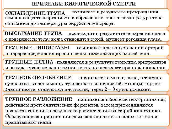 ПРИЗНАКИ БИЛОГИЧЕСКОЙ СМЕРТИ ОХЛАЖДЕНИЕ ТРУПА возникает в результате прекращения обмена веществ в организме и