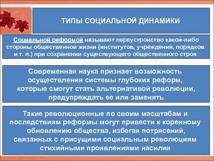 ТИПЫ СОЦИАЛЬНОЙ ДИНАМИКИ Социальной реформой называют переустройство какой-либо Социальной реформой стороны общественной жизни (институтов,