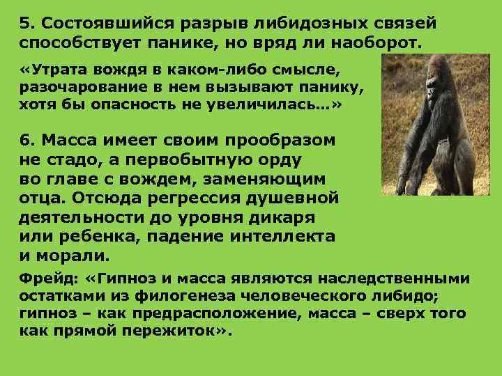 5. Состоявшийся разрыв либидозных связей способствует панике, но вряд ли наоборот. «Утрата вождя в