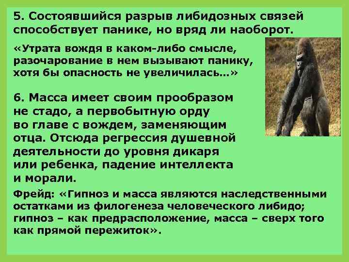 5. Состоявшийся разрыв либидозных связей способствует панике, но вряд ли наоборот. «Утрата вождя в