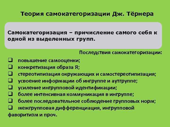 Теория самокатегоризации Дж. Тёрнера Самокатегоризация – причисление самого себя к одной из выделенных групп.
