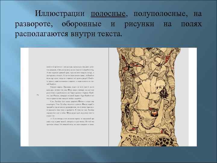 Иллюстрации полосные, полуполосные, на развороте, оборонные и рисунки на полях располагаются внутри текста. 