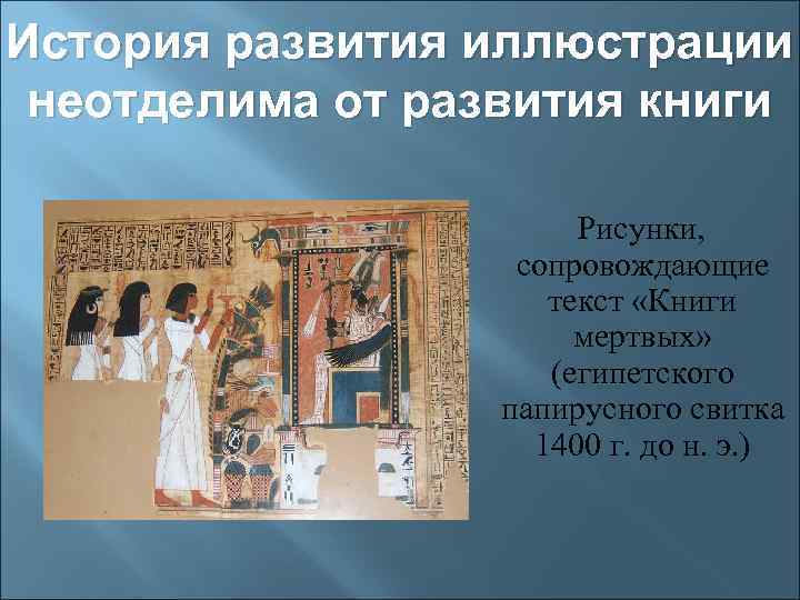 История развития иллюстрации неотделима от развития книги Рисунки, сопровождающие текст «Книги мертвых» (египетского папирусного