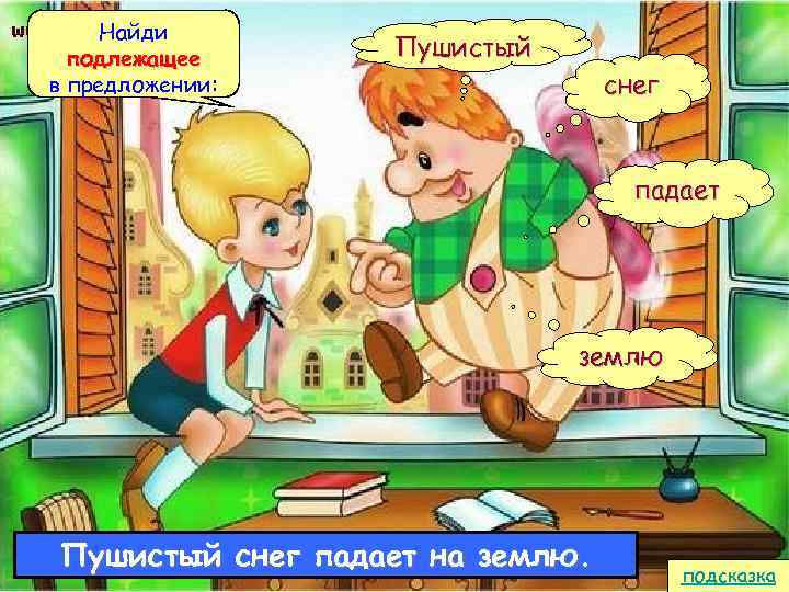 Найди подлежащее в предложении: Пушистый снег падает землю Пушистый снег падает на землю. подсказка