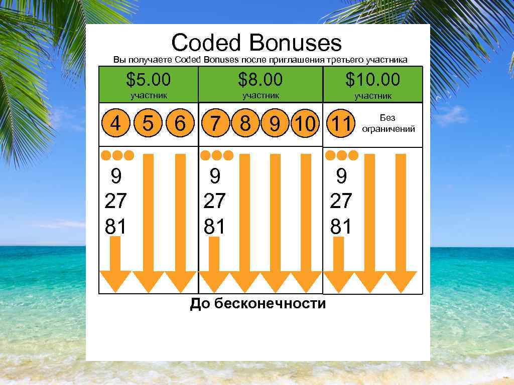 Coded Bonuses Вы получаете Coded Bonuses после приглашения третьего участника $5. 00 $8. 00