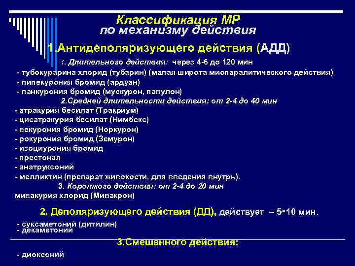 Классификация МР по механизму действия 1. Антидеполяризующего действия (АДД) 1. Длительного действия: через 4