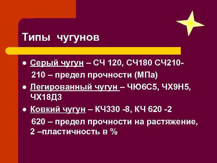 Типы чугунов Серый чугун – СЧ 120, СЧ 180 СЧ 210 - 210 –