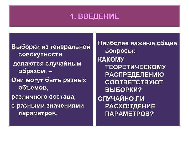 1. ВВЕДЕНИЕ Выборки из генеральной совокупности делаются случайным образом. – Они могут быть разных