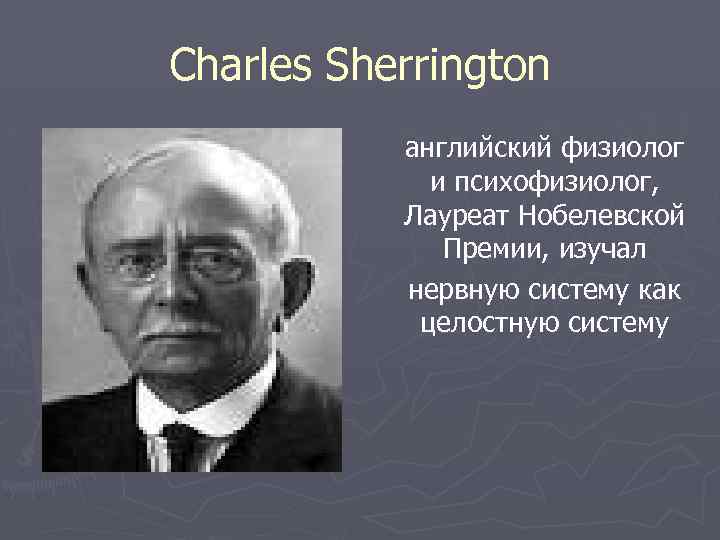 Charles Sherrington английский физиолог и психофизиолог, Лауреат Нобелевской Премии, изучал нервную систему как целостную