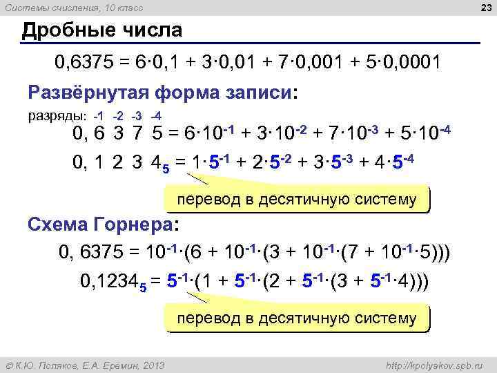 23 Системы счисления, 10 класс Дробные числа 0, 6375 = 6· 0, 1 +