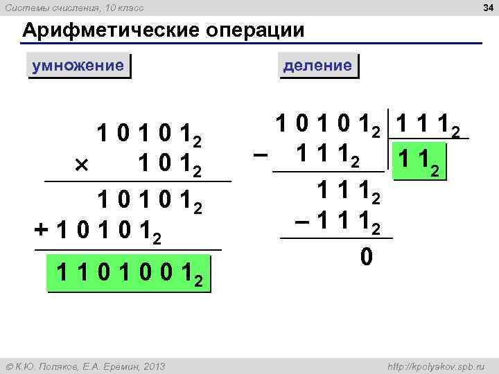 34 Системы счисления, 10 класс Арифметические операции умножение 1 0 12 1 0 1