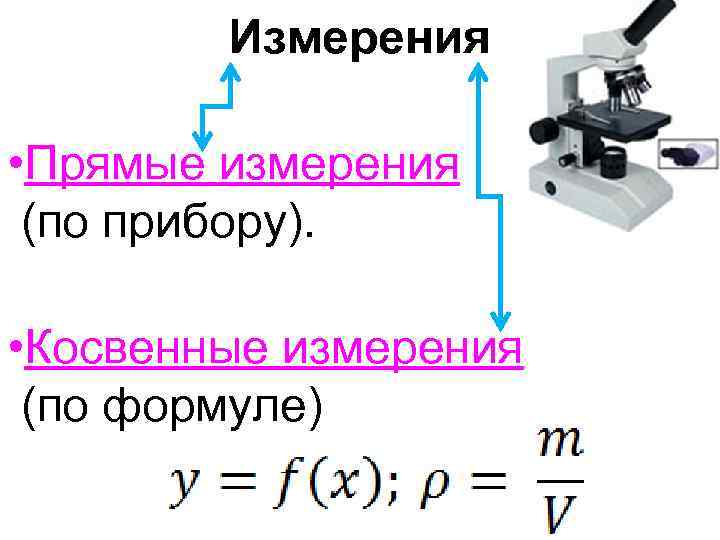 Измерения • Прямые измерения (по прибору). • Косвенные измерения (по формуле) 