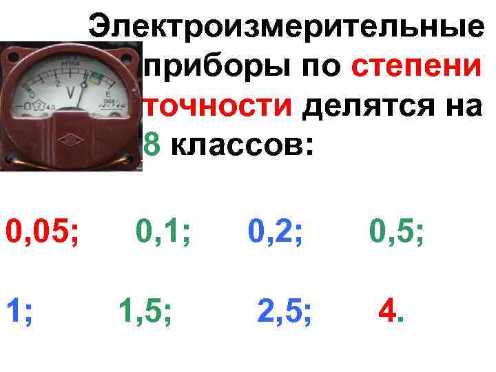 . . 0, 05; 1; Электроизмерительные приборы по степени точности делятся на 8 клaccoв: