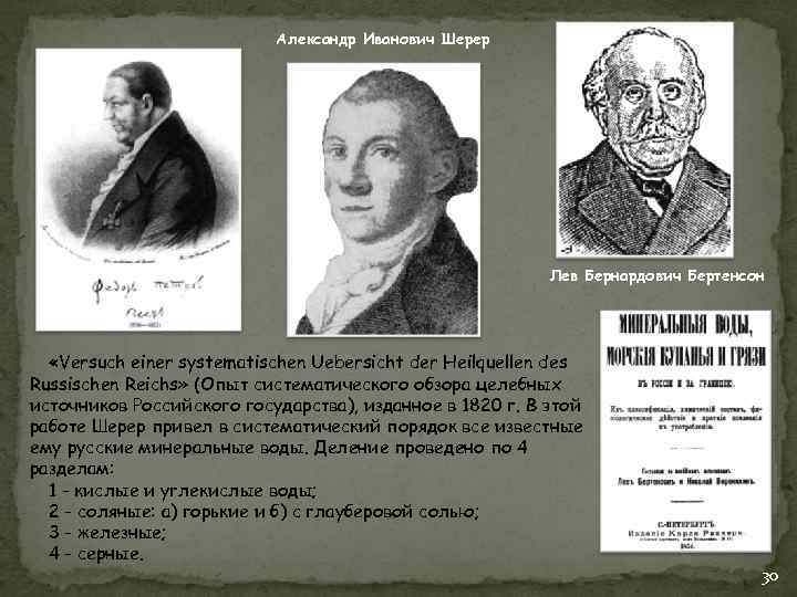 Александр Иванович Шерер Лев Бернардович Бертенсон «Versuch einer systematischen Uebersicht der Heilquellen des Russischen