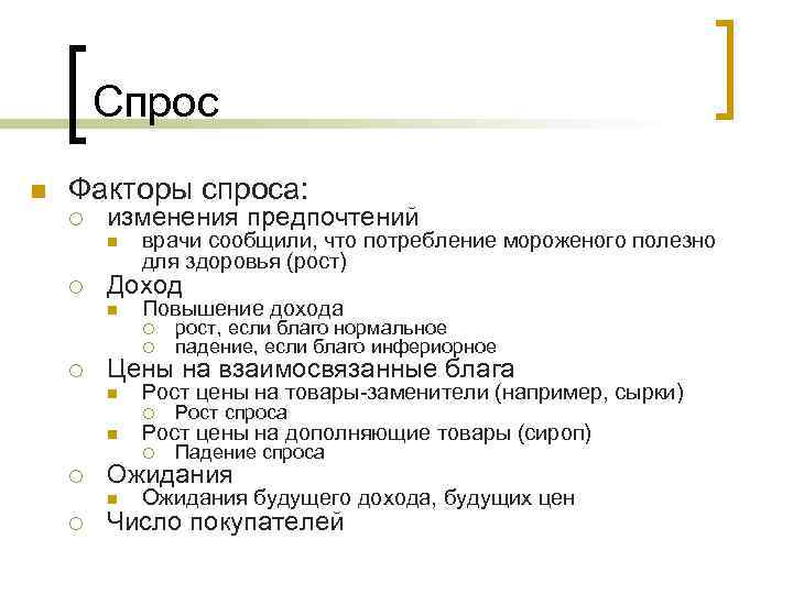 Спрос n Факторы спроса: ¡ изменения предпочтений n ¡ врачи сообщили, что потребление мороженого