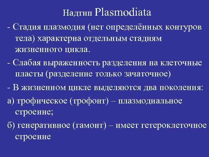 Надтип Plasmodiata - Стадия плазмодия (нет определённых контуров тела) характерна отдельным стадиям жизненного цикла.