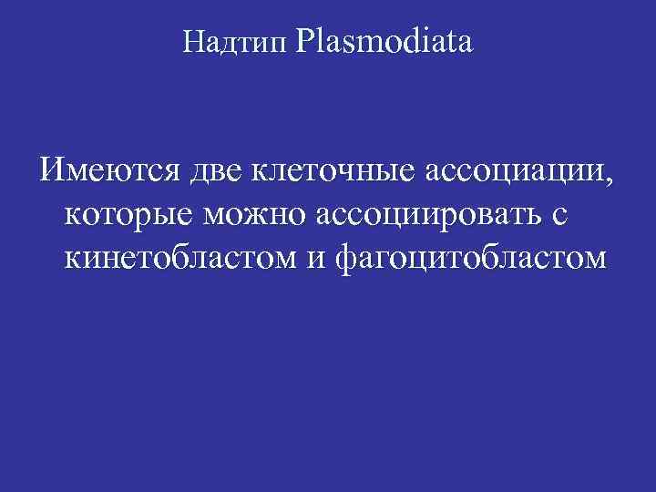 Надтип Plasmodiata Имеются две клеточные ассоциации, которые можно ассоциировать с кинетобластом и фагоцитобластом 