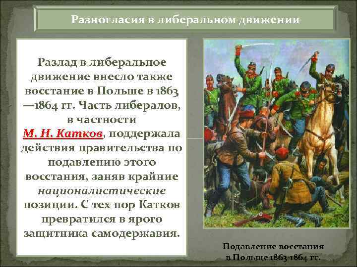 Разногласия в либеральном движении Разлад в либеральное движение внесло также восстание в Польше в